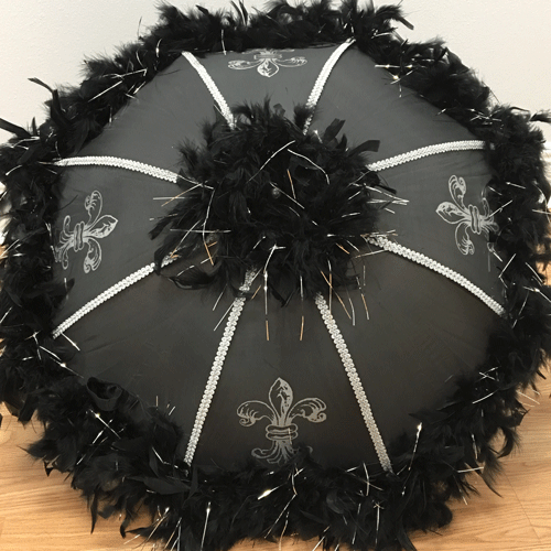 Black Umbrella with Black and Silver Boa